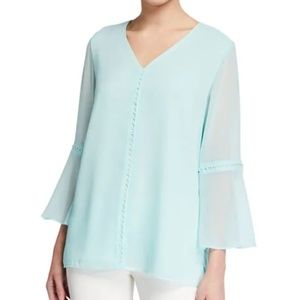 CALVIN KLEIN V-Neck Chiffon Blouse with Pearl-Trim